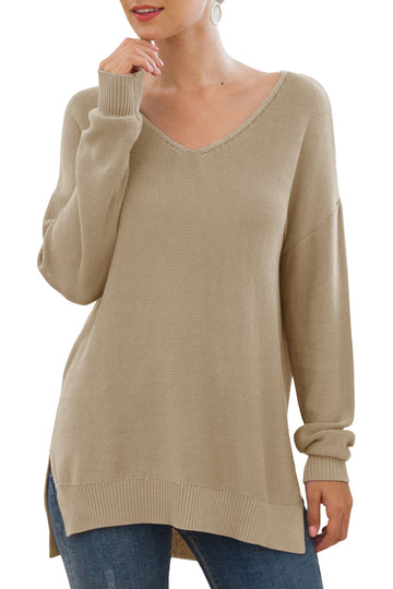 V-Neck Long Sleeve Side Split Loose Casual Knit Pullover Sweater Blouse Khaki Wine Red